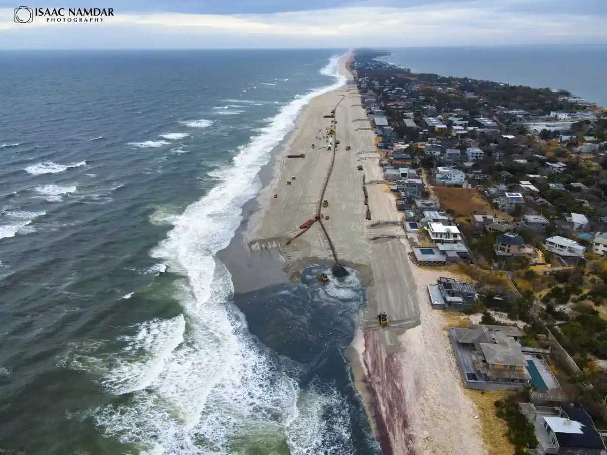 Sand replenishment in progress at Fire Island Pines over the winter of 2025
