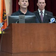 Nassau County Police Commissioner Patrick Ryder (R.) and Detective Scott Fitzpatrick (L.) reporting a man was shot dead by an officer in Carle Place.