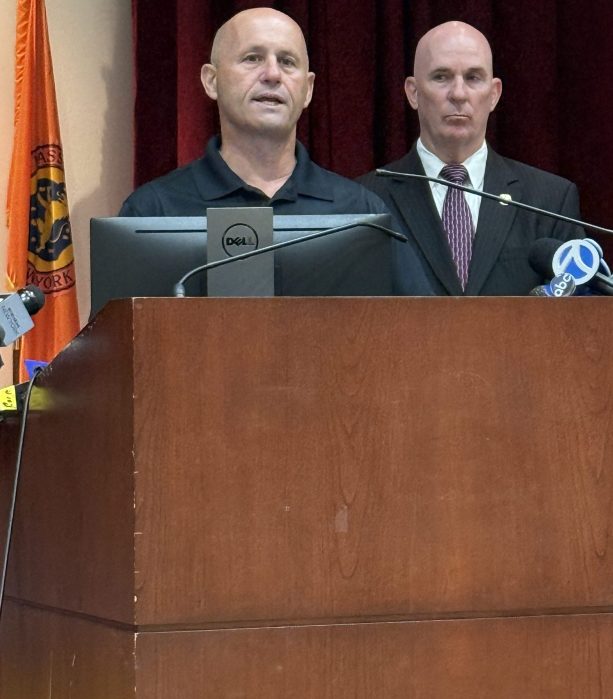 Nassau County Police Commissioner Patrick Ryder (R.) and Detective Scott Fitzpatrick (L.) reporting a man was shot dead by an officer in Carle Place.