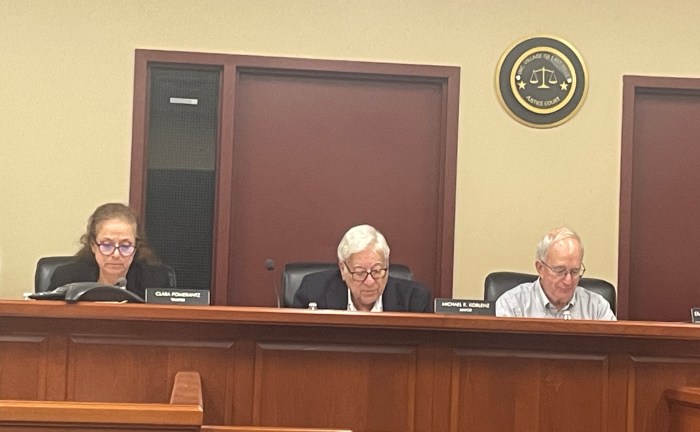The Village of East Hills Board of Trustees, Trustee Clara Pomerantz, Mayor Michael Koblenz and Trustee Emmanuel Zuckerman, discussed new speed signs and a new playground for the village.