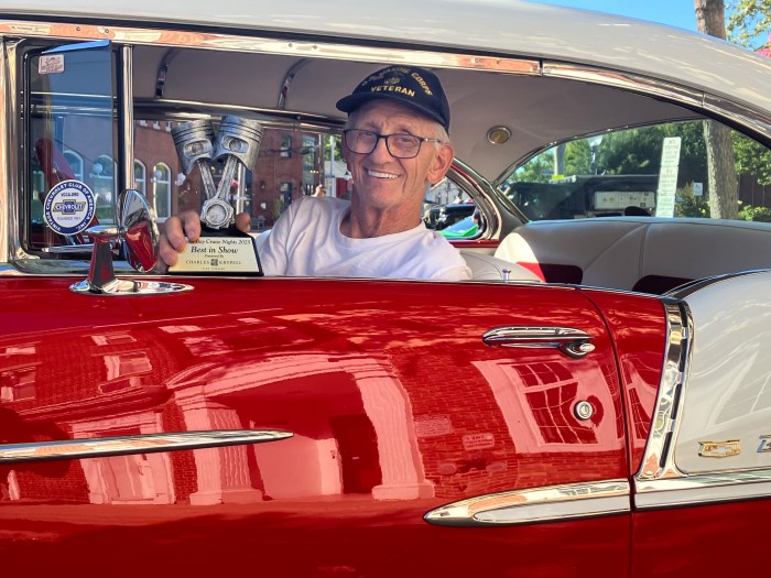 Richard Pollari, who won Best in Show at Oyster Bay's Cruise Night for his 1955 Chevrolet Bel Air in Saturday's competition.