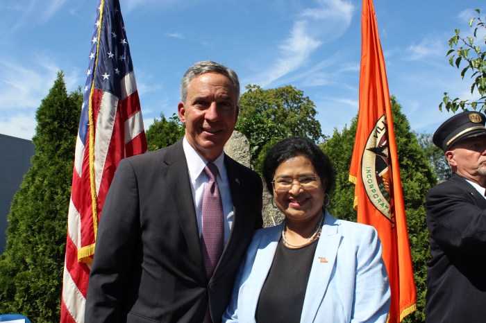 State Senator Jack Martins (L.) and North Hempstead Town Clerk Ragini Srivastava (R.).