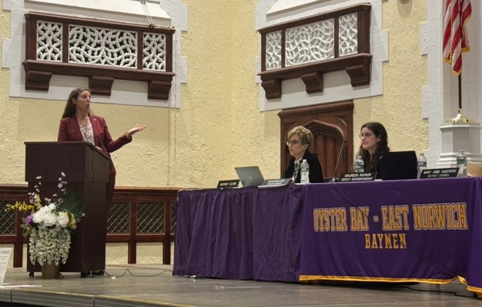 Oyster Bay-East Norwich Deputy Superintendent Maureen Raynor presents one of the final 21st Century Improvement bond updates.