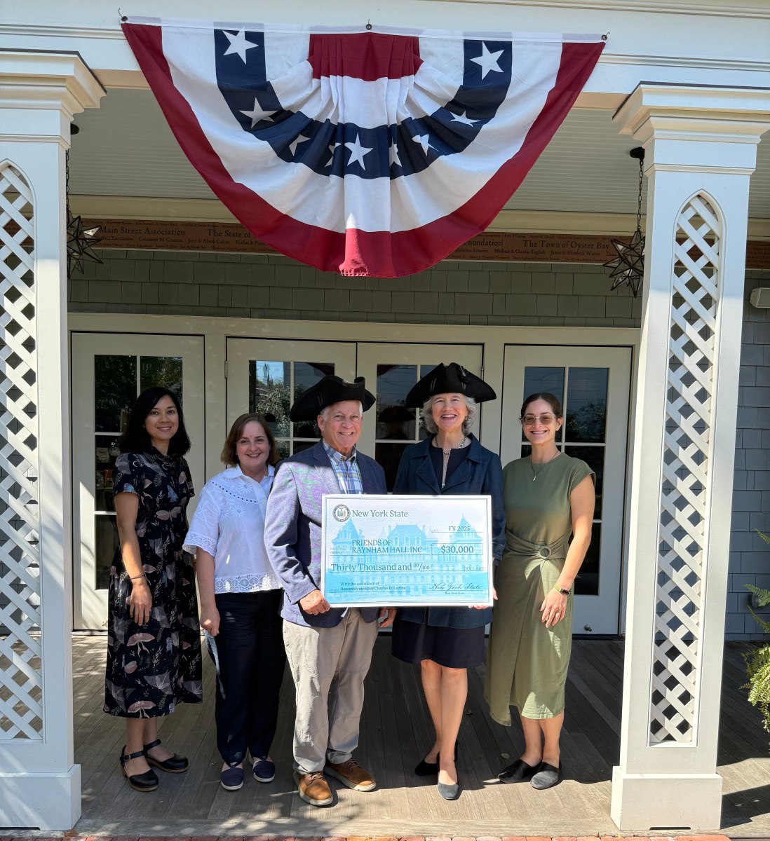 Justinne Lake-Jedzinak, Theresa Skvarla, Assembly Member Charles Lavine, Executive Director Harriet Gerard Clark, Jessica Pearl (L. to R.) celebrate the a $30,000 grant that will be used towards Raynham Hall Museum programming.