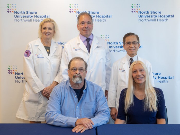 Back row: Jacqueline Moline, MD; Aldo Iacano, MD; and Si Pham, MD. Front row: William Giammarino and his wife, Debra Cilenti. Photo credit: Northwell Health.