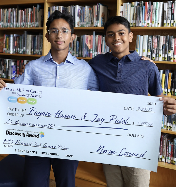 Jay Patel (L.) and Rayan Hasan (R.) earned the $6,000 grand prize for their documentary on Alice Hamilton.