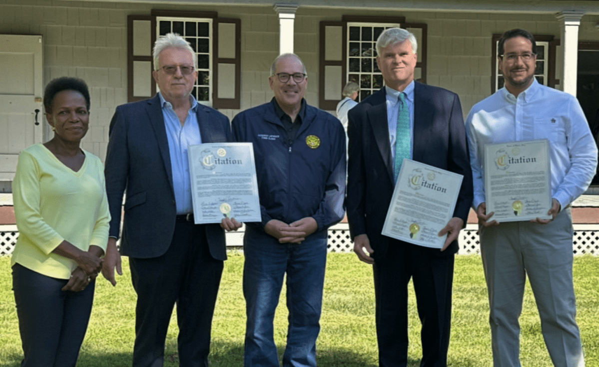 Vivian Shelton, Tom Jaske, Oyster Bay Town Clerk Richard LaMarca, Tom Hawkins, Juan Carlos Puente (L. to R.) at the Matinecock Quaker Meeting House's 300th anniversary.