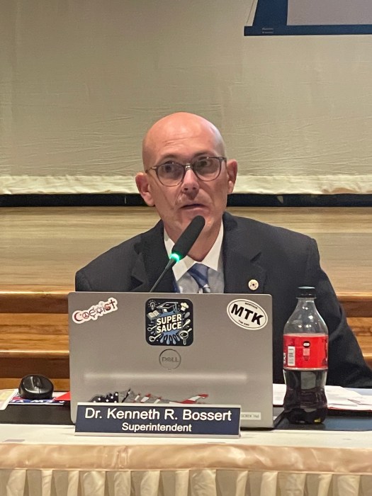 Superintendent Dr. Kenneth Bossert responded to concerns about bus issues at the school board meeting. Photo by Hannah Resnick