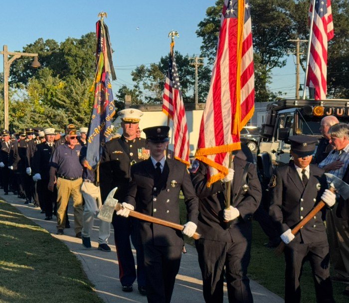 The Syosset VFW Post 6394 led the Oyster Bay 9/11 Remembrance Ceremony with a color guard.