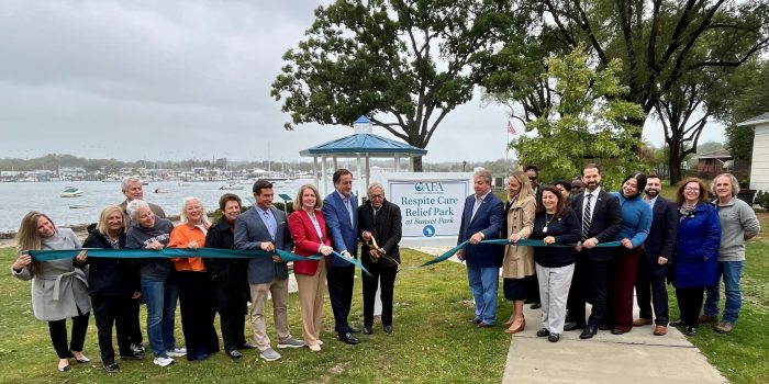 Members of Alzheimer’s Foundation of America, Port Washington Water Pollution Control District and Town of North Hempstead officials gathered to open a new park in Port Washington dedicated to families suffering from Alzheimer’s.