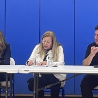 From (L.) to (R.) Superintendent Allison Brown, board of education president Meryl Waxman Ben-Levy and vice president Michael Levine during the special district meeting to approve vote totals for the purchase of the school's transportation property.
