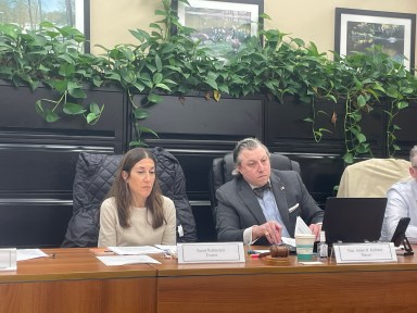 Roslyn Estates Trustee Susan Rubinstein (L.) and Mayor Adam Koblenz during the October board of trustees meeting.