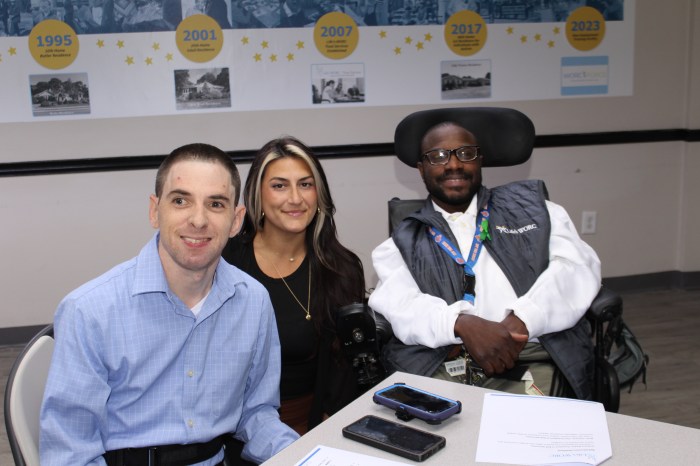 Self Advocacy Vice President Brian Johnson, Assistant Director of Residential Victoria Berti and Self Advocacy President Anthony Barker (L. to R.).