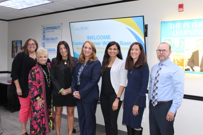 Senior Advisor for Operations Deb Ellis, Vicki Schneps, Life’s WORC Board Chair Dawn Del Mastro Chruma, Willow Baer, CFO Jenny Antony, Chief Officer of Residential, Community/Day Services & Residential Quality Improvement Lauren Accovelli, Chief People and Culture Officer Robert White (L. to R.).