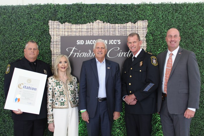 Old Westbury Officer Thomas Gorman, Founder Denise Silverberg, Nassau County Executive Bruce Blakeman, Old Westbury Detective Edward Kehill and Old Westbury Chief of Police Stuart Cameron.