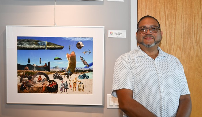 Westbury Arts Board Member Ren Zelaya with his artwork Sand - Photography and Digital.