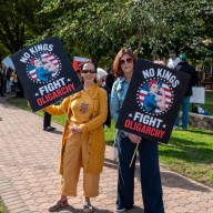 Linda Villano and Joanne Clark at the 'No Kings' rally in Blumenfeld Family Park in Port Washington.