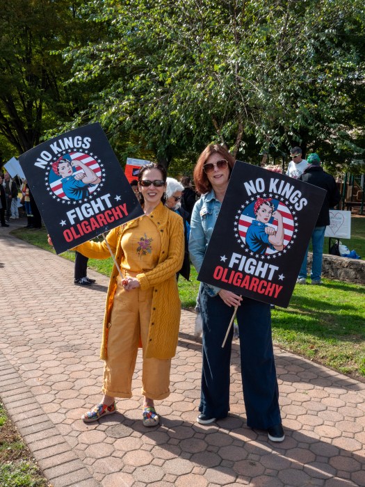 Linda Villano and Joanne Clark at the 'No Kings' rally in Blumenfeld Family Park in Port Washington.