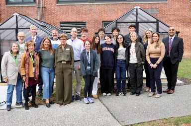 Ed. Foundation board members, Schreiber High School students, Superintendent Dr. Gaurav Passi, Dr. Sean Feeney, Dr. Kati Behr, and Schreiber science teacher Nicole LoPinto during the ribbon cutting ceremony.