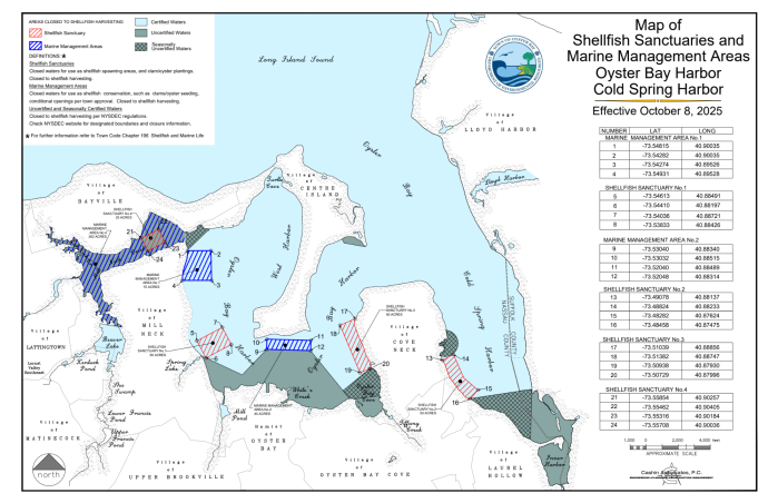 A map of Oyster Bay Harbor showcases where sanctuaries and marine management areas are now in effect.