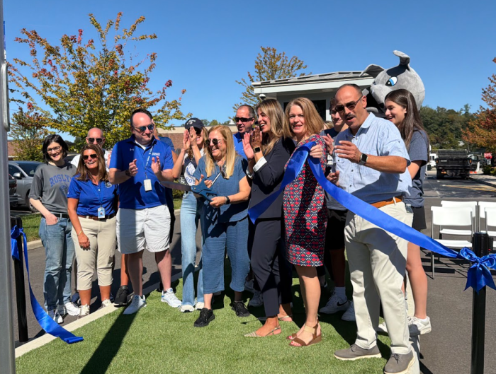 Nassau County Legislator Samantha Goetz, North Hempstead Town Supervisor Jennifer DeSena, North Hempstead Council Member Ed Scott and members of the Roslyn Board of Education unveiled a new security booth in front of Roslyn High School.
