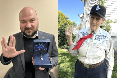 Tim Howe (L.) and Temple Grandin (R.) from Spectrum Designs were honored with Leonard Nimoy “Live Long & Prosper” Tribute Award.
