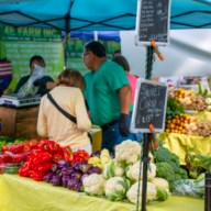 Vendors selling a variety of produce at the Syosset Farmers Market.