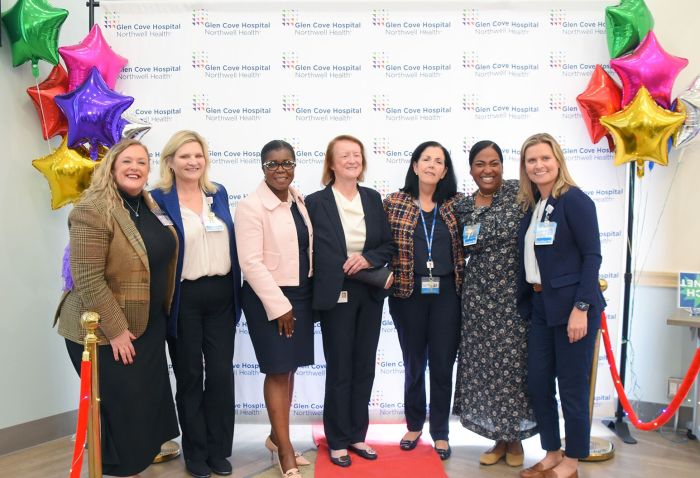 Glen Cove Hospital administration, including Theresa Dillman (Far R.), Kerri Scanlon (Third from L.), and Tameka Wallace (Second from L.) celebrate the facility's recognition from the American Nurses Credentialing Center.