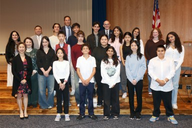 Board of education student delegates are pictured with board president Grant Toch, vice president Joanne Chan, trustees Steve Chen, Donna Peirez and Rebecca Sassouni, ex- officio student members Katie Leder and Maxwell Pour and Superintendent Kenneth Bossert.