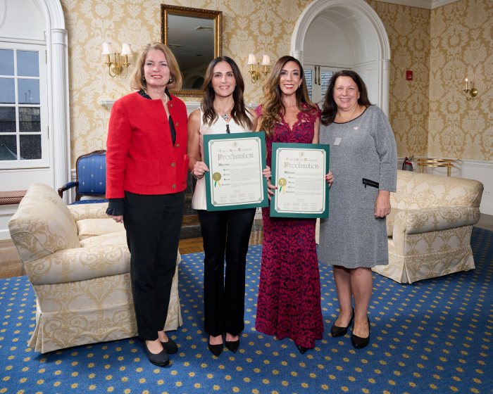 North Hempstead Town Supervisor Jennifer DeSena, honoree Jessica Melwani, honoree Nicole Zeitzer Johnson, and Council Member Mariann Dalimonte.