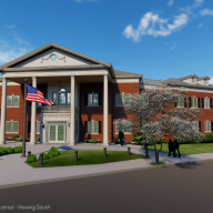 Artist illustration of the new Port Washington Police District headquarters standing viewing south from the corner of Main Street and Mackey Avenue.