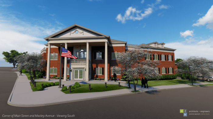 Artist illustration of the new Port Washington Police District headquarters standing viewing south from the corner of Main Street and Mackey Avenue.