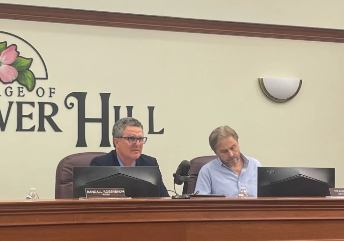 Village of Flower Hill Mayor, Randall Rosenbaum, and Deputy Mayor, Frank Genese, at their June board of trustees meeting.
