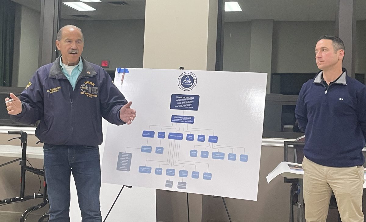 David Diamond and Scott Fishkind pitching the Office of Emergency Management to the East Hills Board of Trustees and residents.