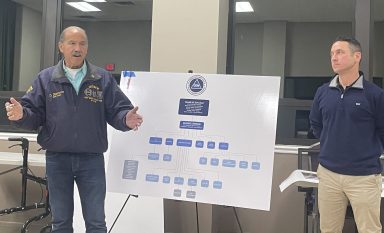 David Diamond and Scott Fishkind pitching the Office of Emergency Management to the East Hills Board of Trustees and residents.