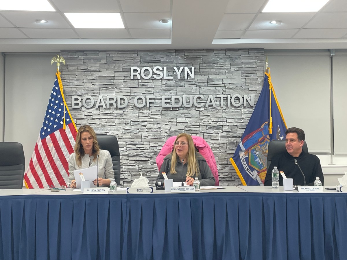 Roslyn School District Superintendent Allison Brown, board president Meryl Waxman Ben-Levy and vice president Michael Levine during the November board of education meeting.