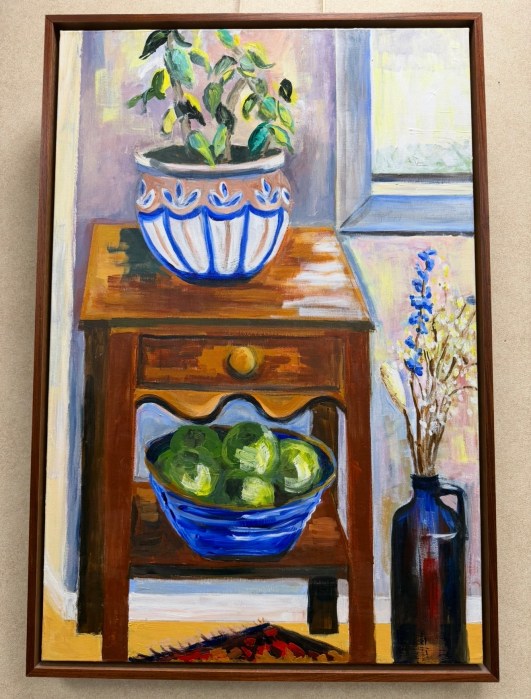 Jackie Becker's acrylic painting "Winter Geometry (Jade Plant And Green Apples" is a part of the "Landscape, Tablescape" exhibit.