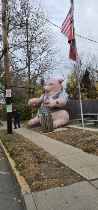 Village of Great Neck officials said union-affiliated protestors displayed an inflatable pig outside the village's trailers.