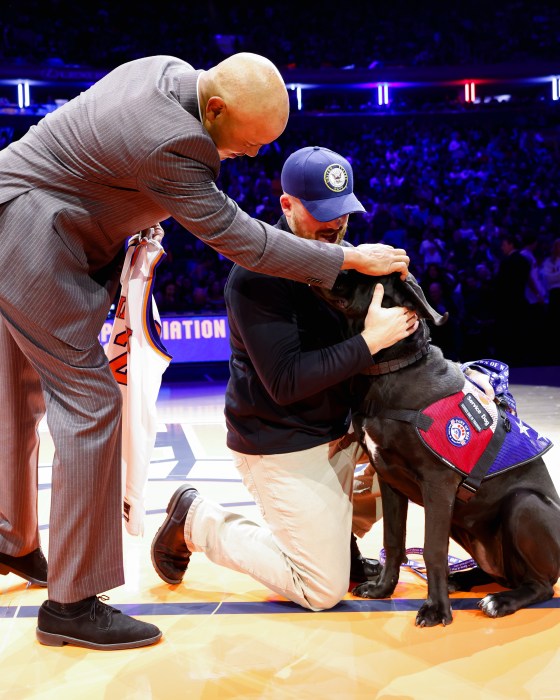 Ian Swensen was gifted Khali, an 11-month-old rescue dog, at the New York Knicks game on Veterans Day.