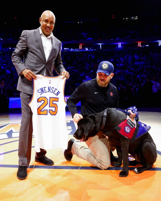 Ian Swensen was gifted a service dog through Paws for War at the New York Knicks' Military Appreciation Night Game on Veterans Day.