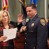 Mayor Pamela Panzenbeck swears in Chief Christopher Ortiz as the new Chief of Police for the City of Glen Cove.