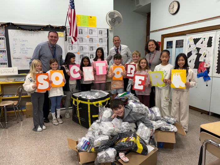 The Kindness Club at Manhasset’s Munsey Park Elementary School collected over 1,500 pairs of socks for people in need.