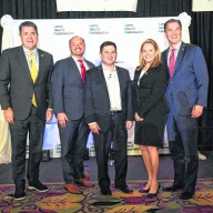 Long Island’s congressional delegation talks SALT limit, bipartisanship at Long Island Association meeting. L.-R.: Republican U.S. Reps. Nick LaLota, Andrew Garbarino, LIA President Mark Gross, and Democratic U.S. Reps. Laura Gillen and Tom Suozzi (LIA)