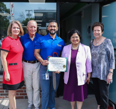 North Hempstead Town Supervisor Jennifer DeSena, Physical Therapist Dennis Kinneary, Port Washington Clinical Director Vinod Kapur, North Hempstead Town Clerk Ragini Srivastava and Port Washington Chamber of Commerce Executive Director Bobbie Polay.