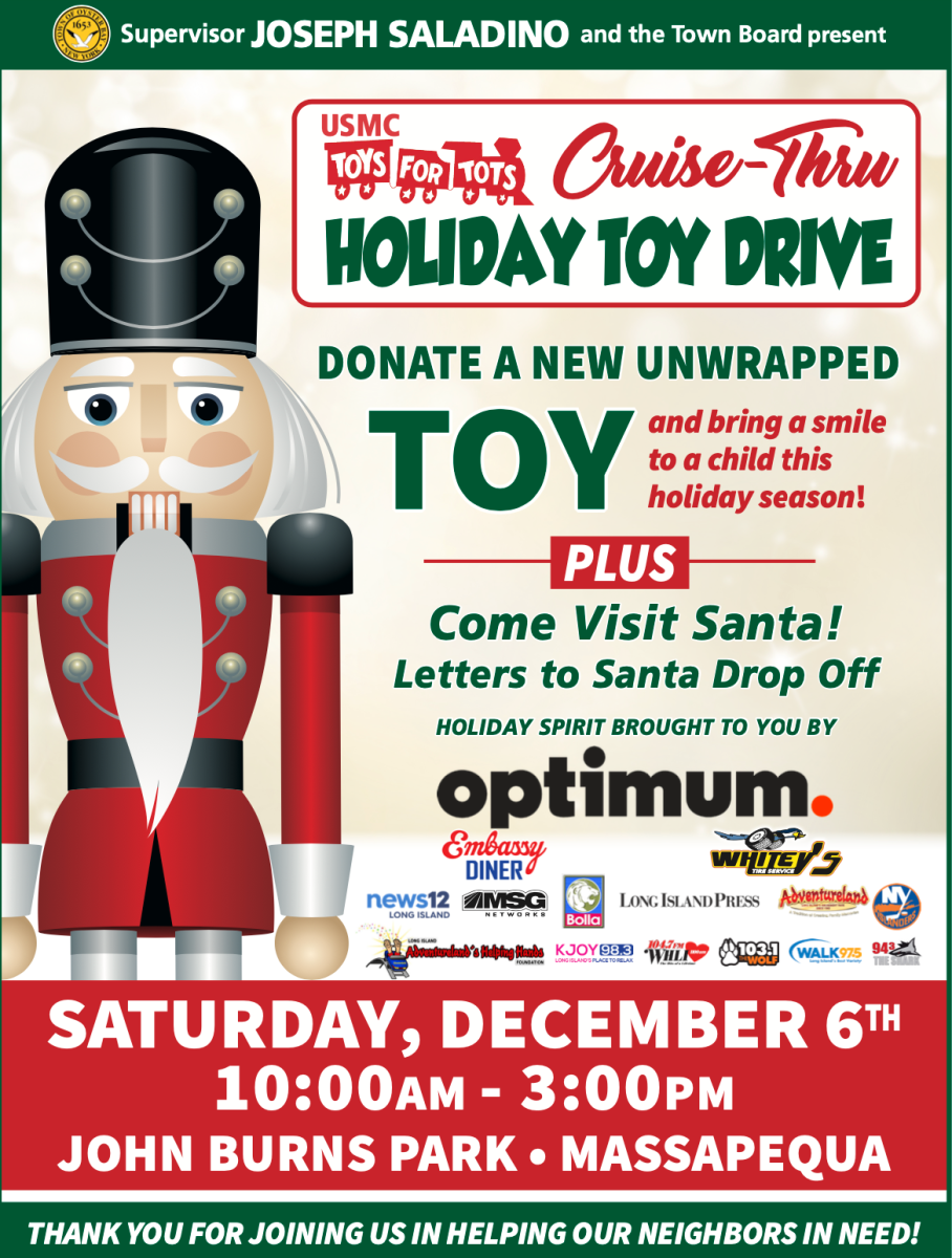 The Town of Oyster Bay will host a ‘Cruise-Thru’ Toys for Tots Collection Drive during the holiday season.