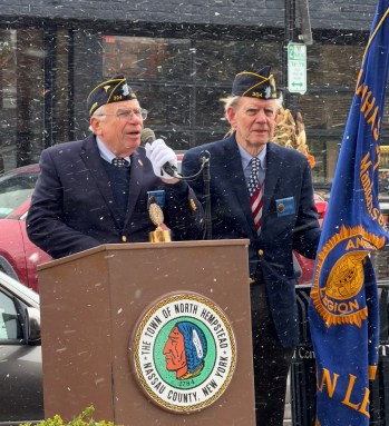 American Legion Post 304 Commander John Iacano and Adjutant Donald O’Brien participated in the Veterans Day ceremony despite snow.