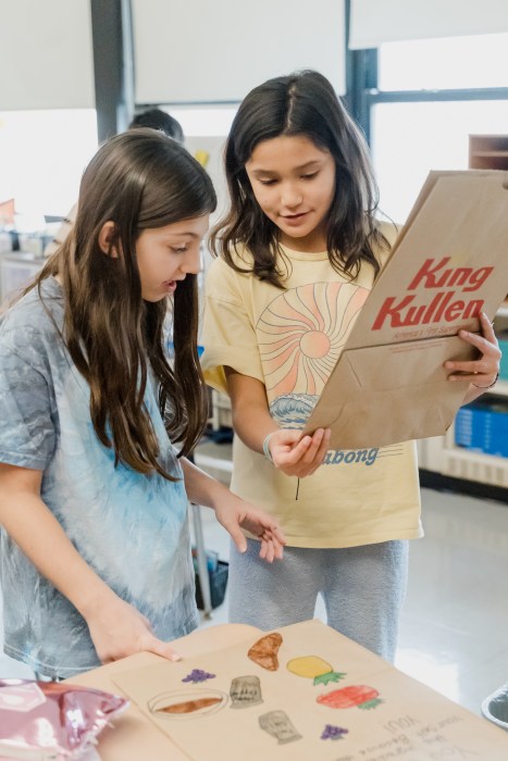 Students decorating grocery bags.
