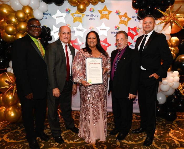 Westbury Village Trustee Beaumont Jefferson, Westbury Mayor Peter Cavallaro, Honoree Maria Thomas Santiago,Steven Corte and Westbury Village Trustee Pedro Quintanilla.