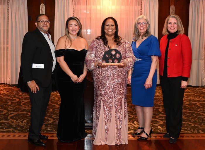Westbury Arts Vice President Ren Zelaya, Westbury Arts Executive Director Tiffany Blair,Maria Thomas Santiago, Westbury Arts President Julie Lyon and North Hempstead Town Supervisor Jennifer DeSena.