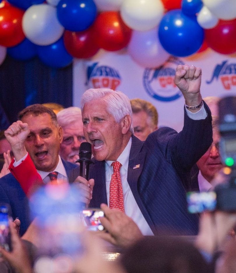Nassau County Executive Bruce Blakeman addresses supporters on election night after taking a commanding lead in his bid for re-election.